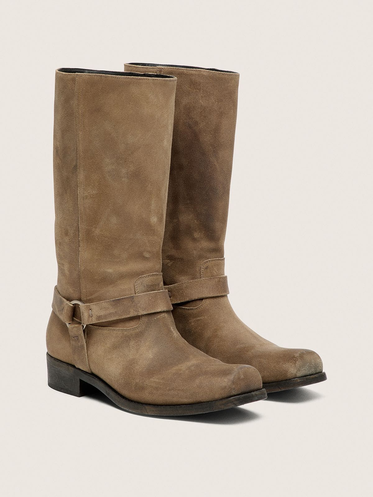 Men's high Biker boots in dark beige waxed suede with strap and a silver-colored buckle