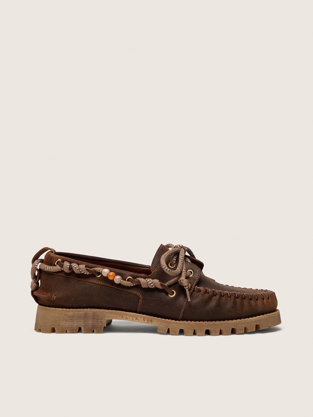 Men's Cruise loafers in brown waxed suede with dove gray hiking laces