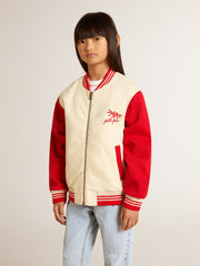 Kids' bomber jacket in beige and red cotton with embroidery on the chest