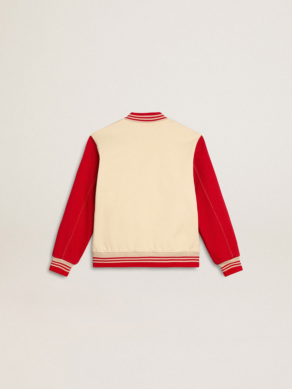 Kids' bomber jacket in beige and red cotton with embroidery on the chest