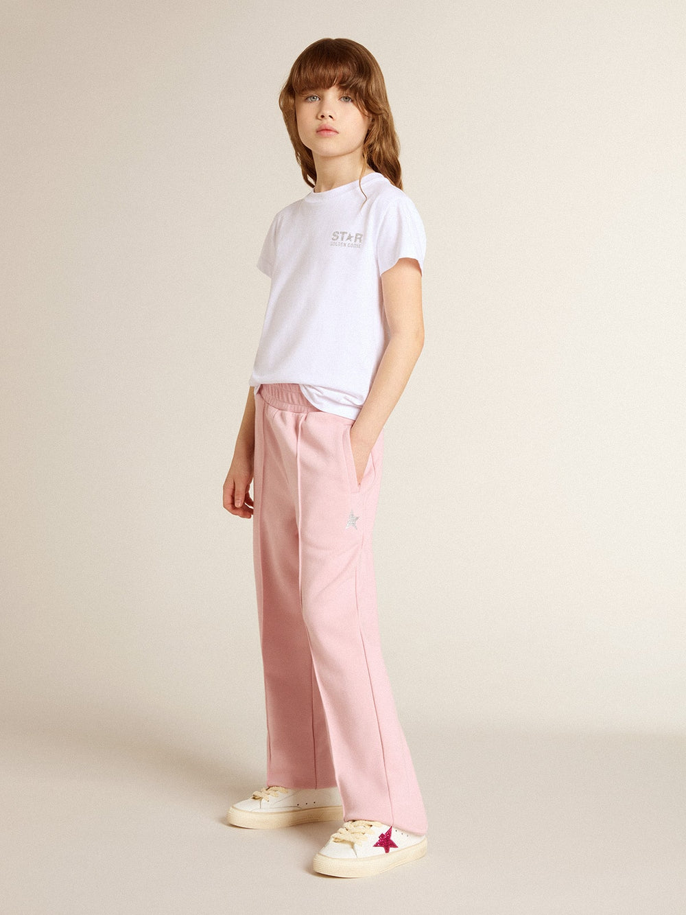 White and silver T-shirt with logo and maxi star in silver glitter
