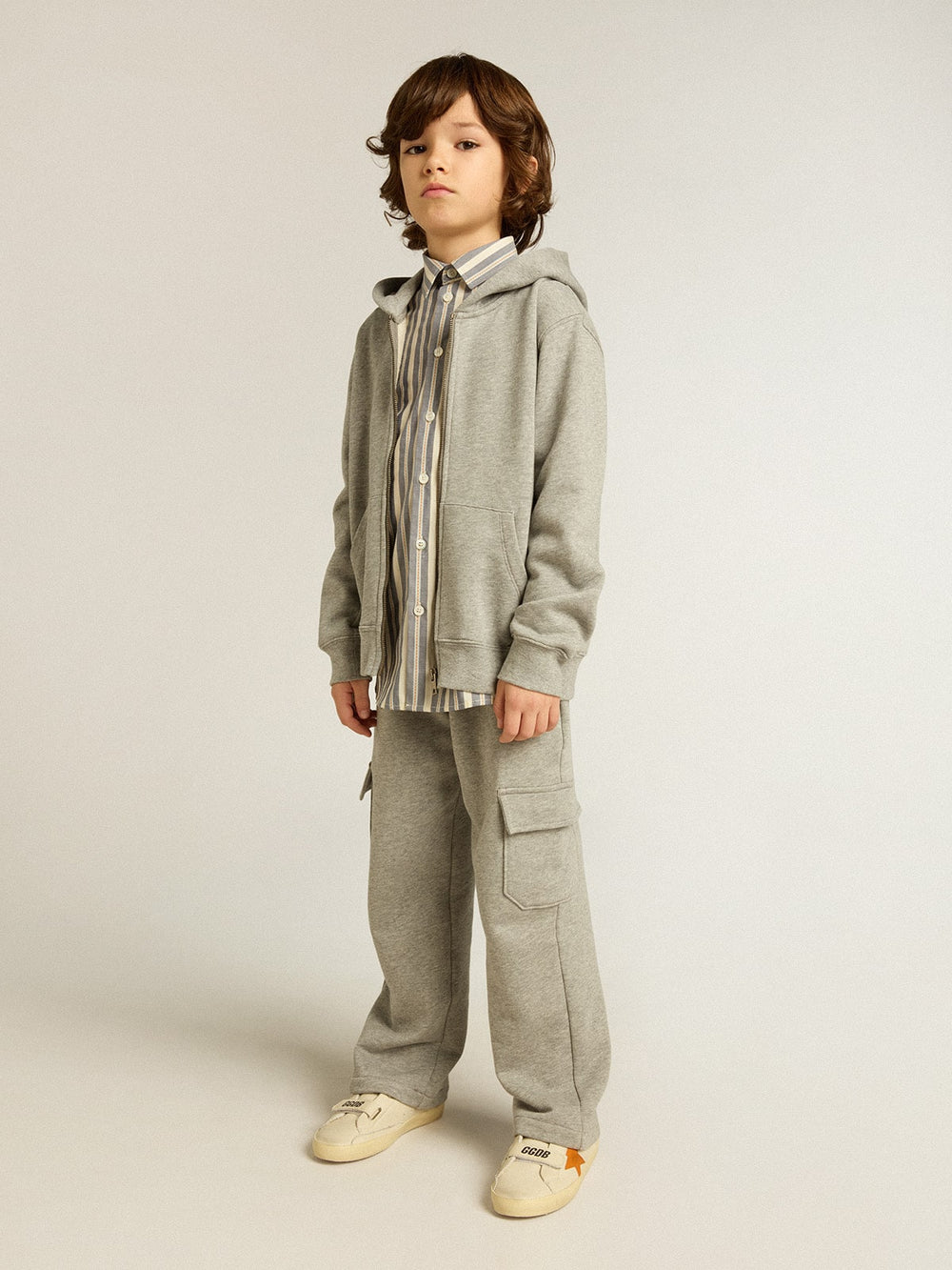 Gray melange hooded sweatshirt with print on the back