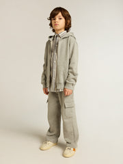 Gray melange hooded sweatshirt with print on the back