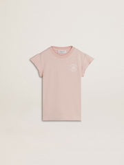 Girls' pink T-shirt with ruffled sleeves and embroidery