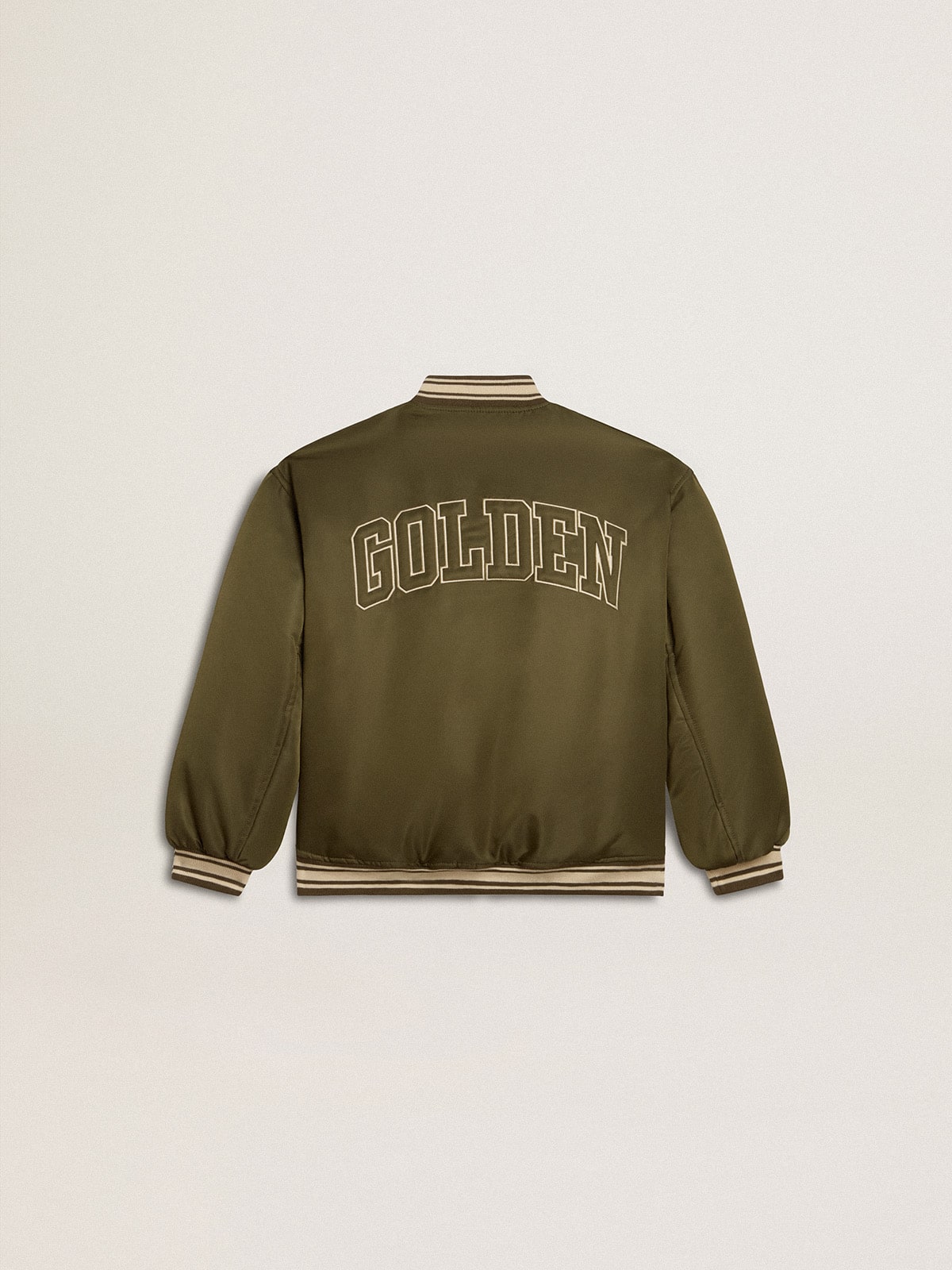 Kids military-green nylon bomber jacket with lettering on the back