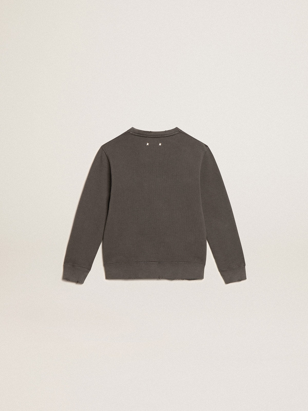 Distressed gray sweatshirt with crystal lettering