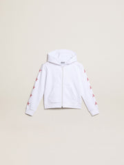 Girls’ zip-up sweatshirt in white with glitter stars on the sleeves