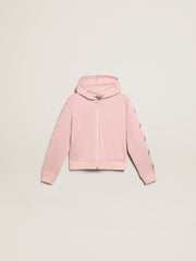 Pink sweatshirt with hood and silver glitter stars