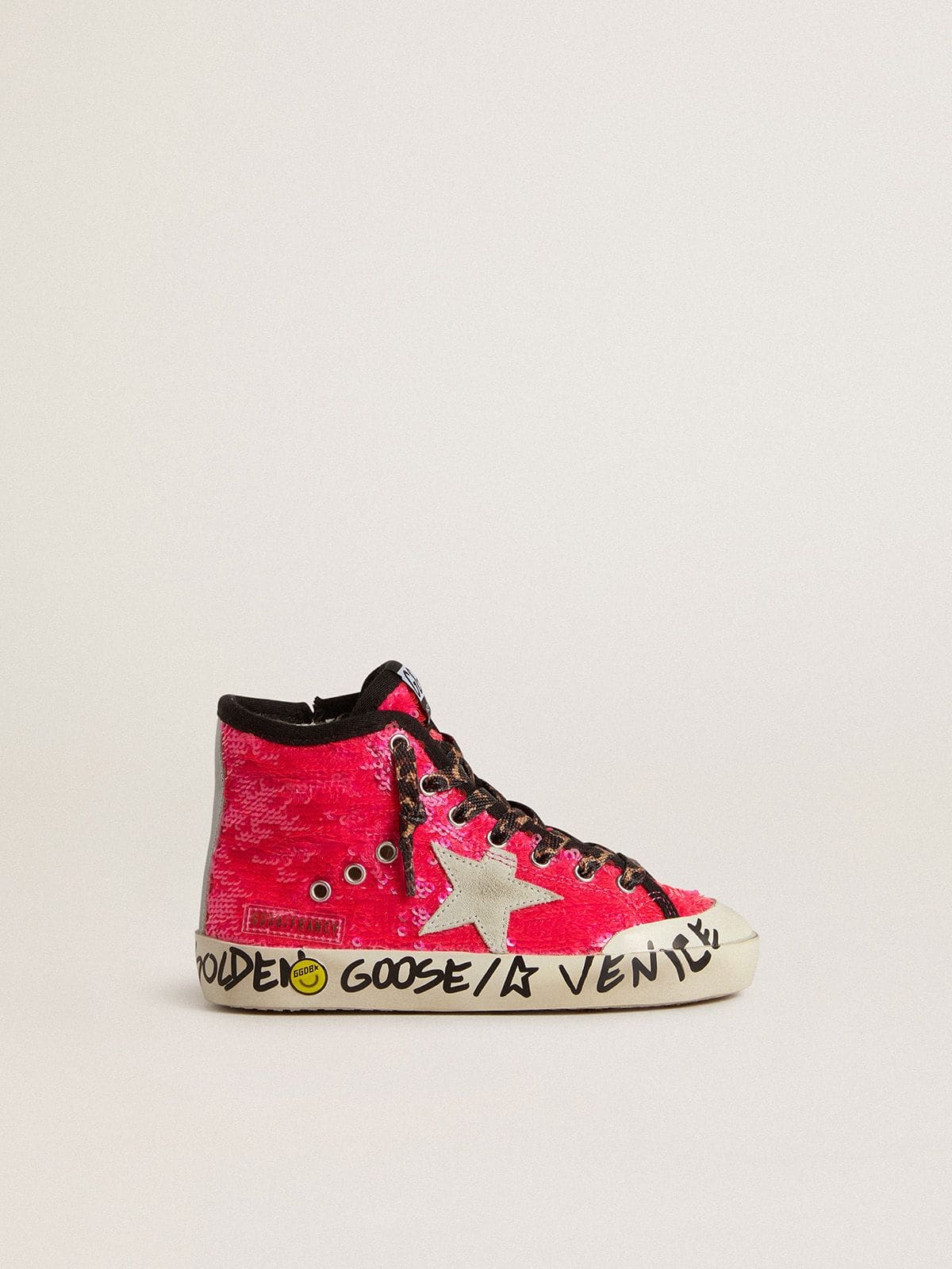 Junior Francy in sequins with ice-gray suede star and animal-print laces