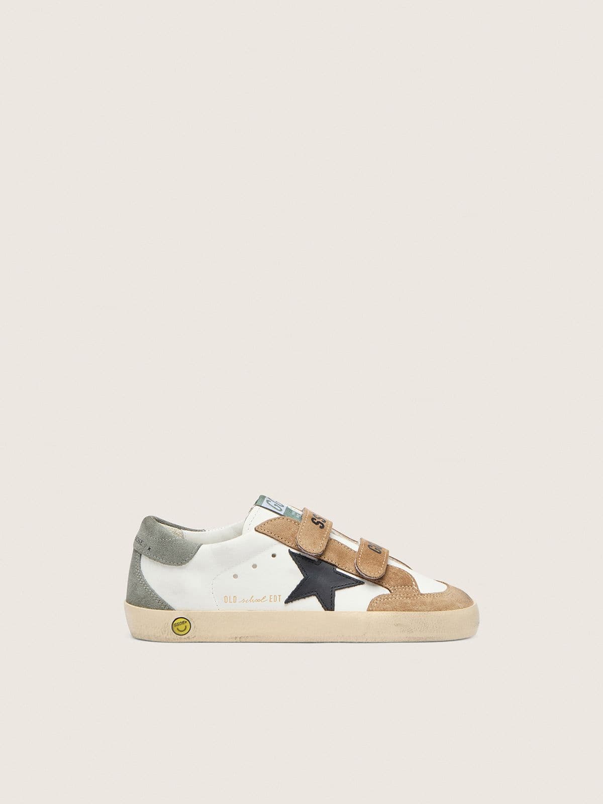 Junior Old School with black leather star and beige and green suede inserts