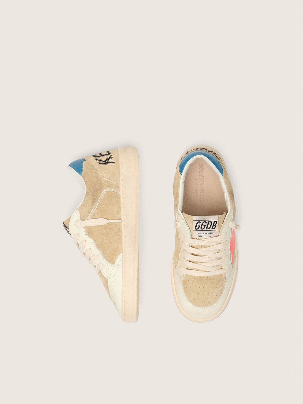 Ball Star Junior in beige suede with red star and light blue heel tab