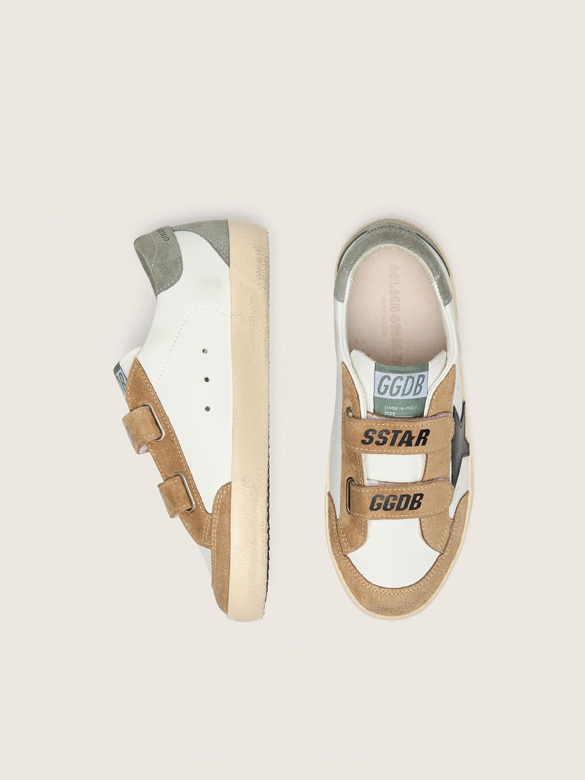 Young Old School with black leather star and beige and green suede inserts