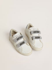 Teen Old School in white leather with silver Swarovski crystal heel tab and straps
