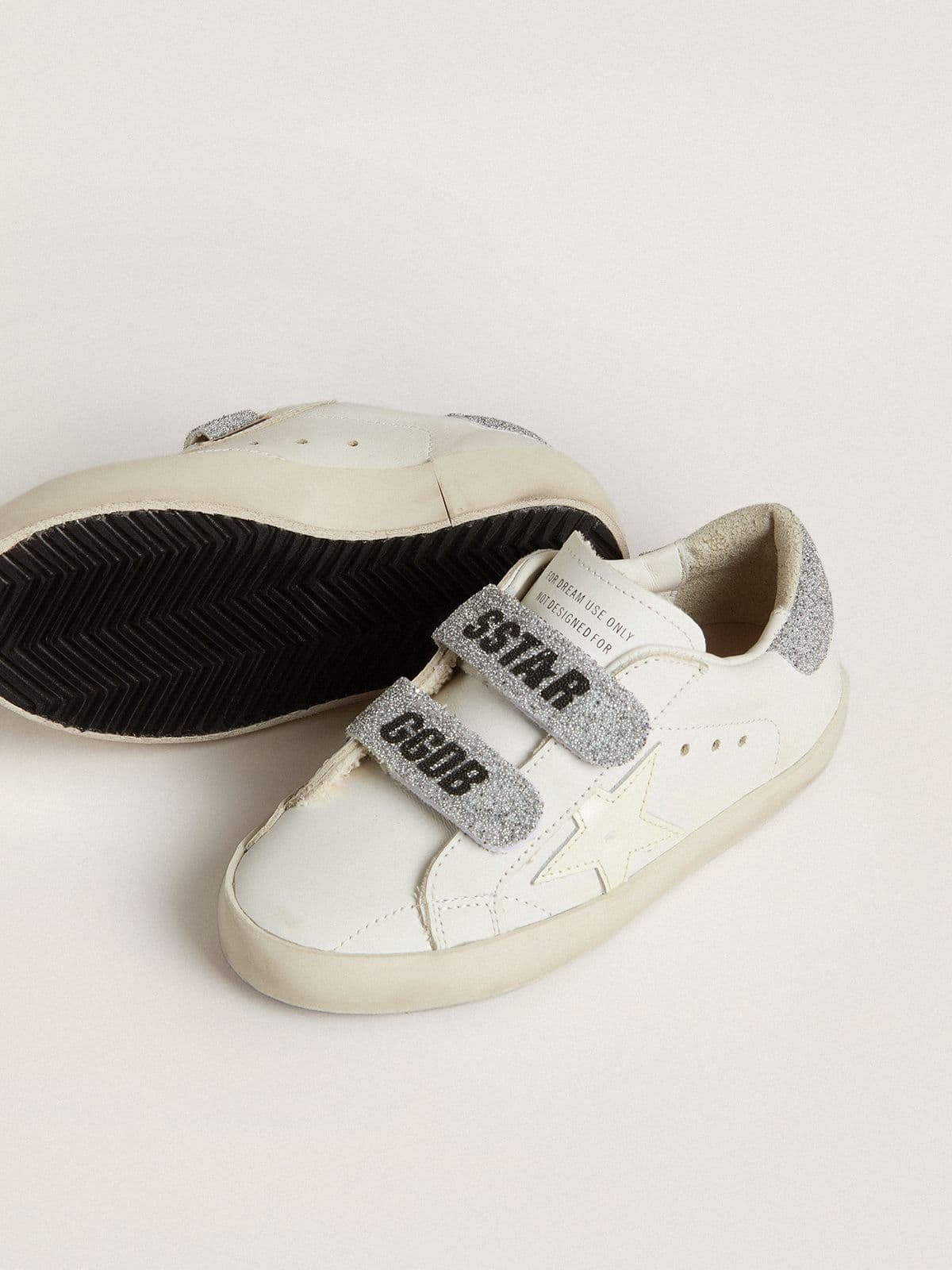 Teen Old School in white leather with silver Swarovski crystal heel tab and straps