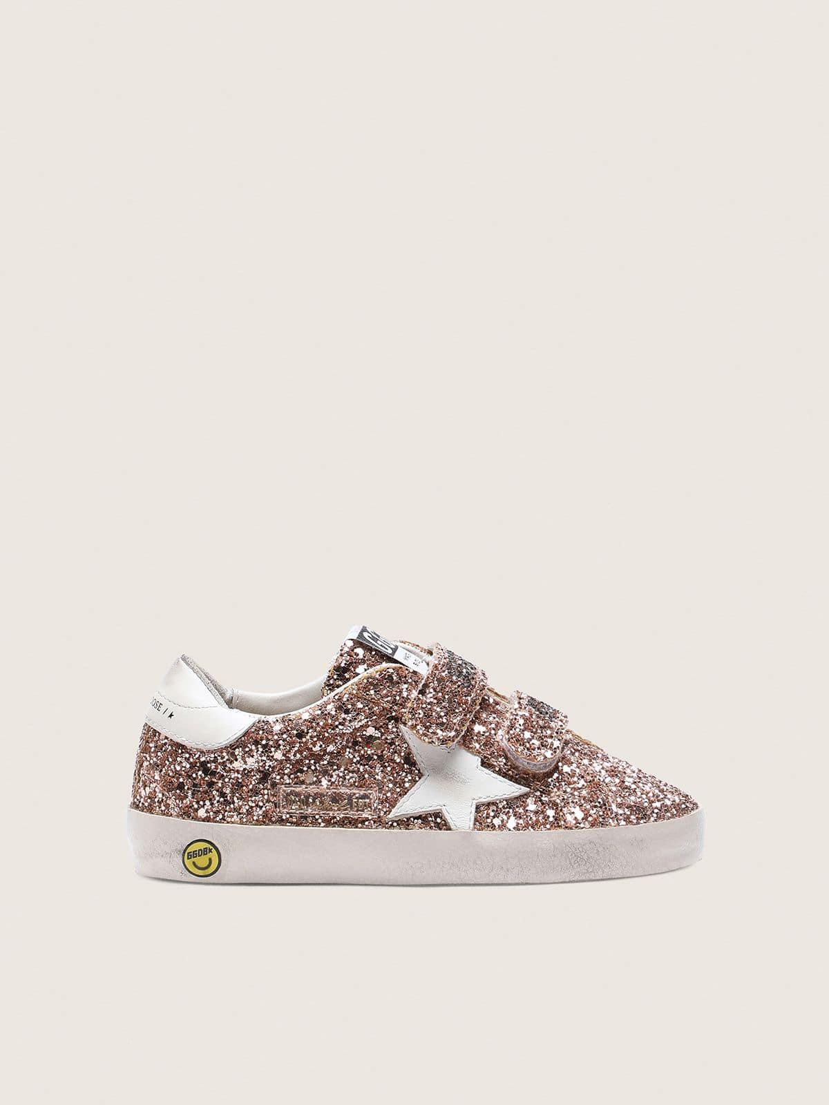 Young Old School in peach-colored glitter with white leather inserts