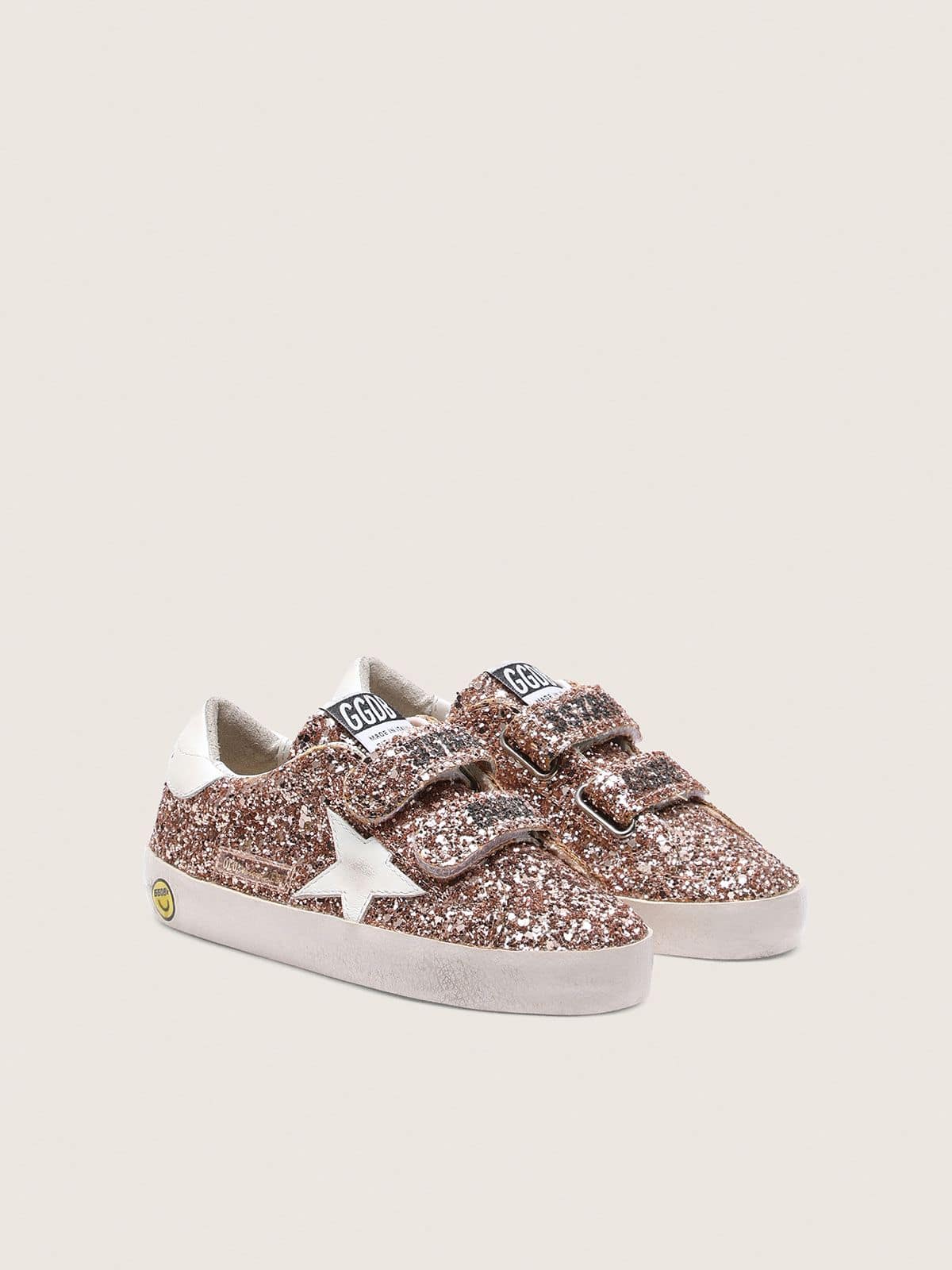 Young Old School in peach-colored glitter with white leather inserts