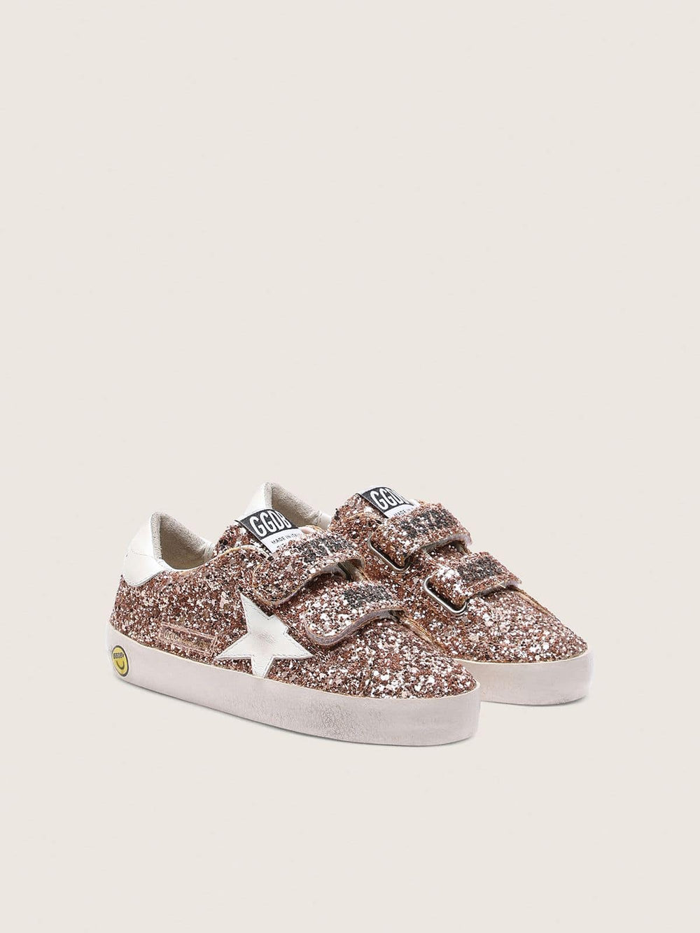 Young Old School in peach-colored glitter with white leather inserts