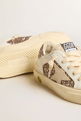 May Teen in white leather and rose gold glitter with beige suede star