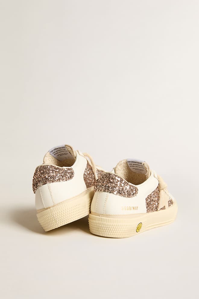 May Teen in white leather and rose gold glitter with beige suede star