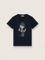 Journey T-shirt for boys in blue cotton jersey with digital mascot print