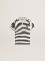 Boys' white cotton polo with navy blue stripes and embroidery