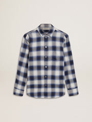 Boys' blue and white checked shirt with print on the back