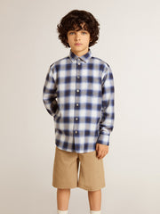 Boys' blue and white checked shirt with print on the back