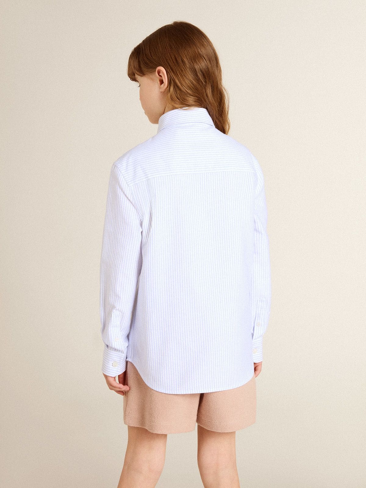 Boys' shirt in light blue and white striped cotton with embroidered logo