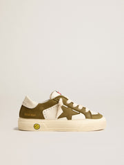 May Teen in white and military green leather